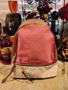Michael Kors Pink Canvas Backpack with Brown Trim